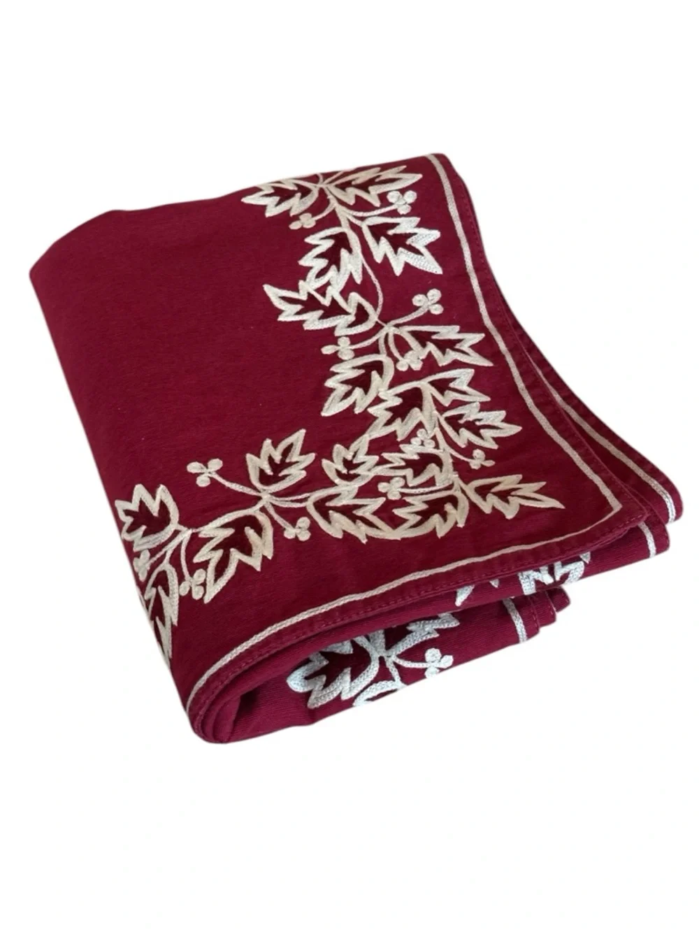 Williams Sonoma Christmas Winter Table Runner Embroidered Crewel Red White Holly